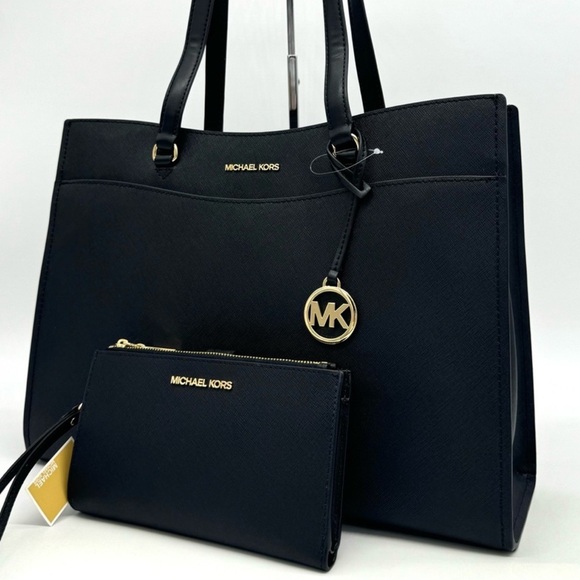 Michael Kors Large MF Pocket Shoulder Tote Bag & Double Zip Wallet Black/Gold - Picture 1 of 16